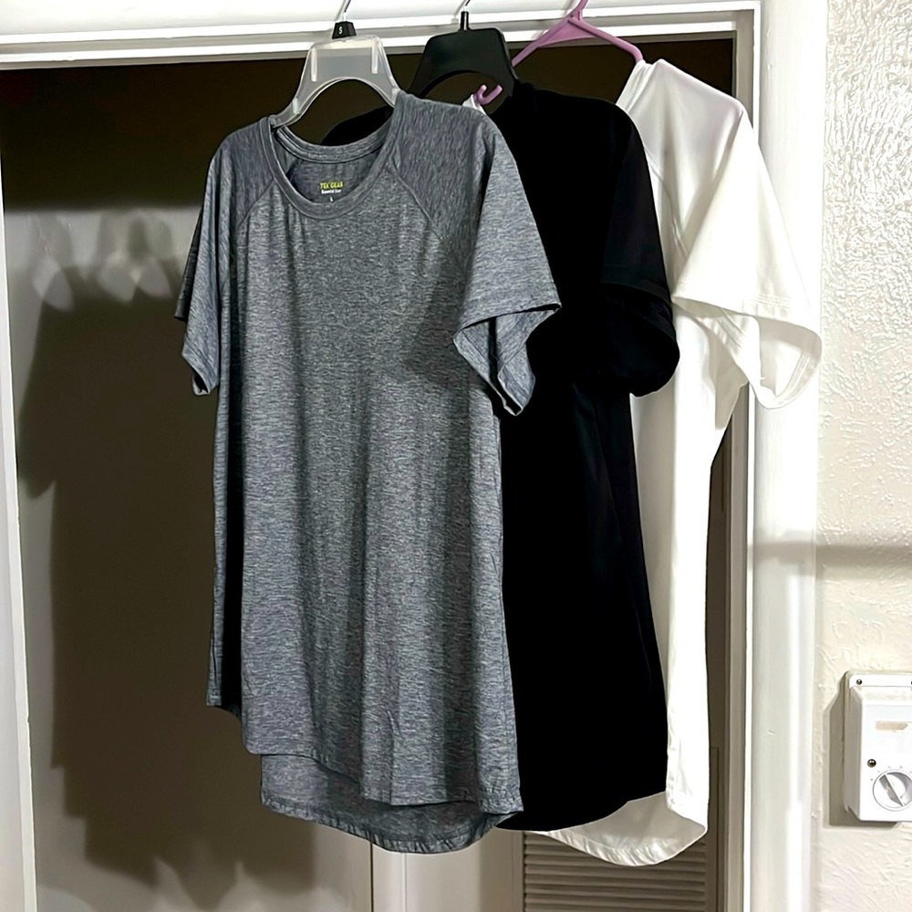 Three Tek Gear Essential women’s tops, gray, black and white short sleeve